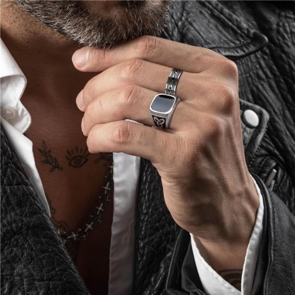 12Pcs Rings for Men Stainless Steel Band Rings Square Signet Rings Pinky Trendy - Picture 4 of 6